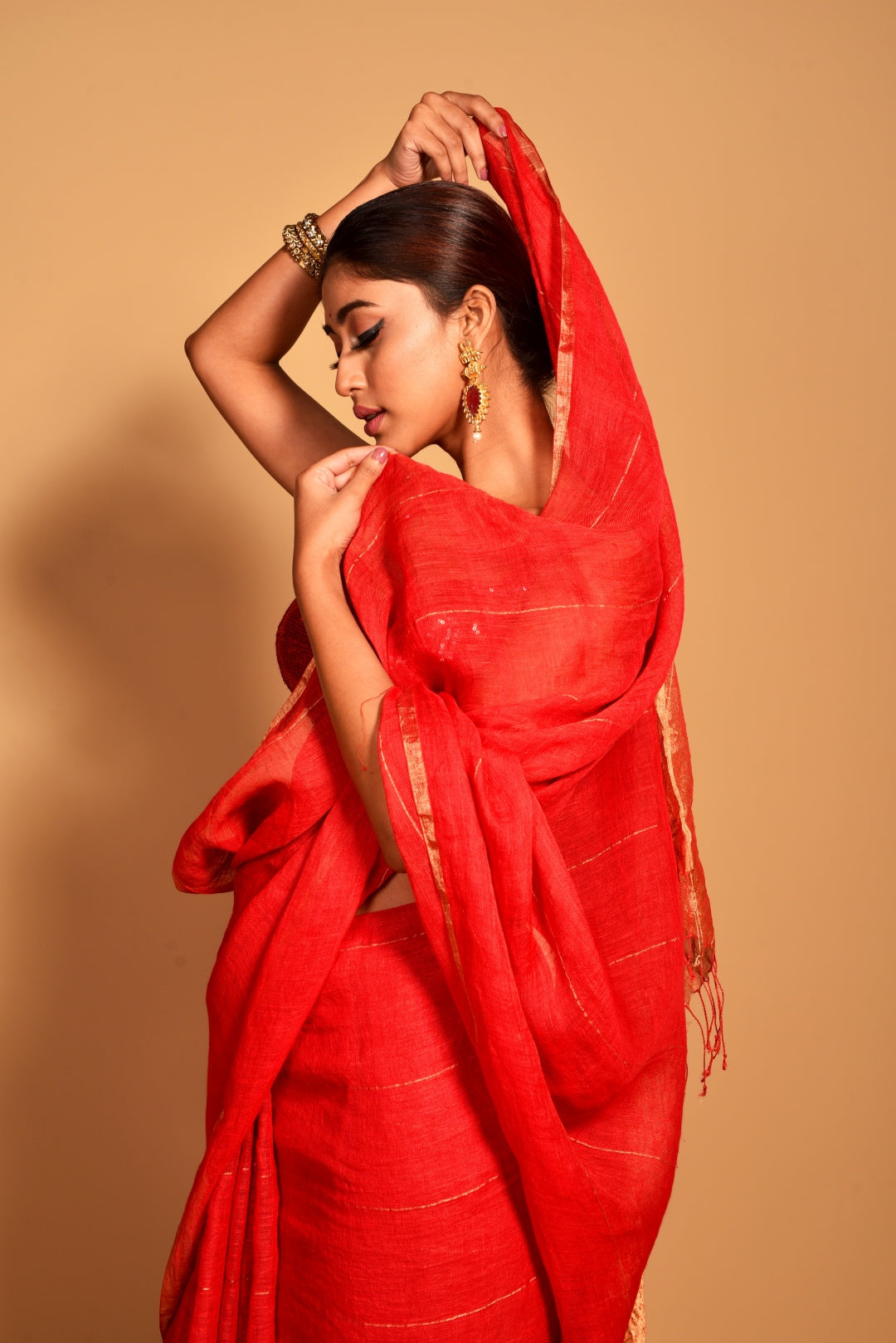 Red Pure Linen Handloom Saree