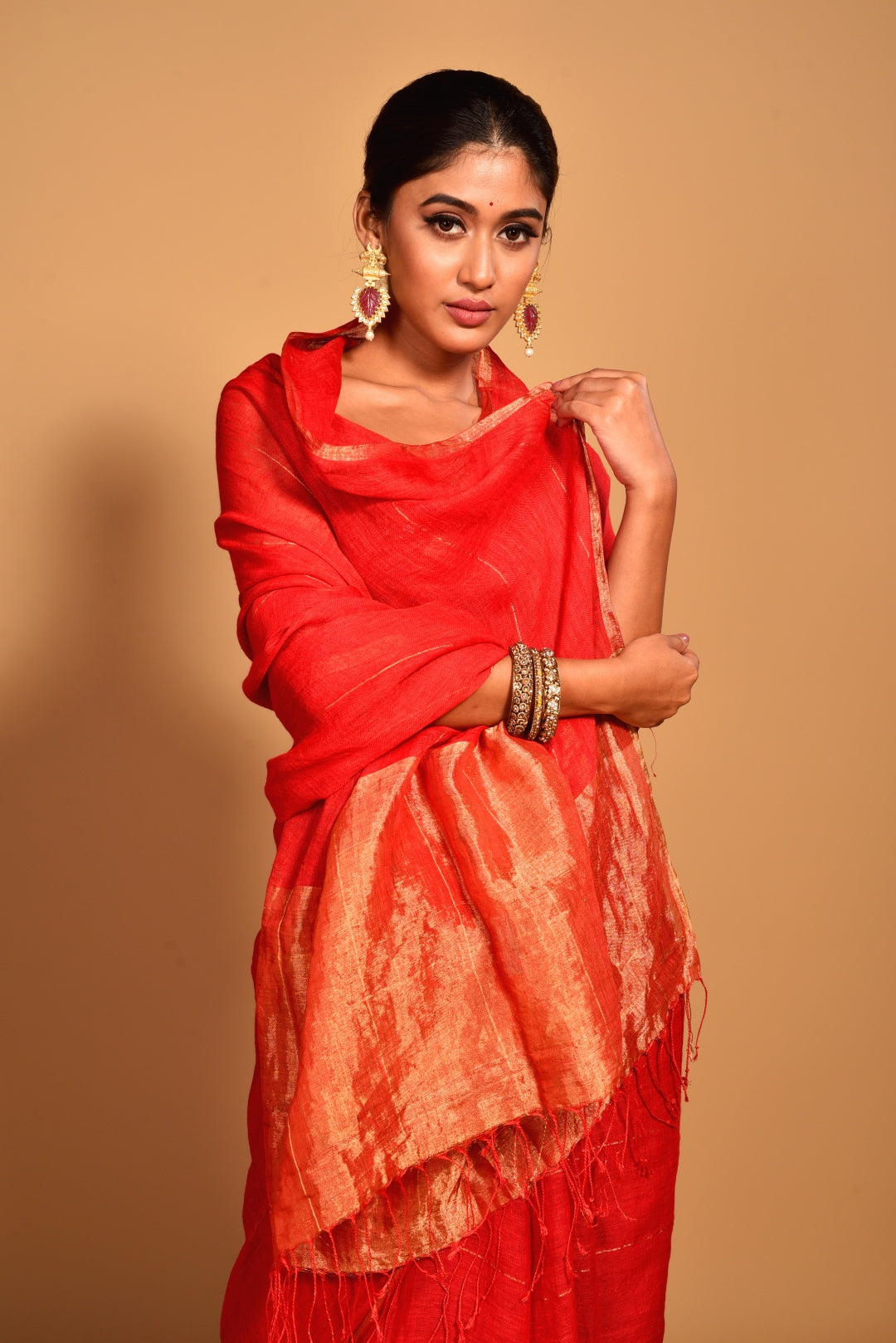 Red Pure Linen Handloom Saree