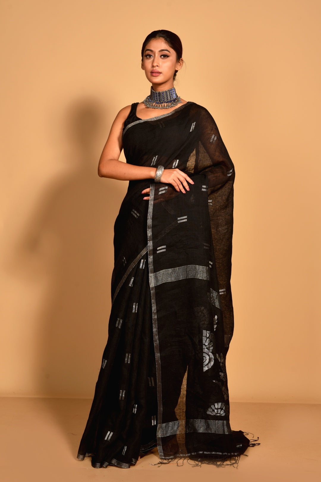 Black Pure Linen Jamdani Handloom Saree