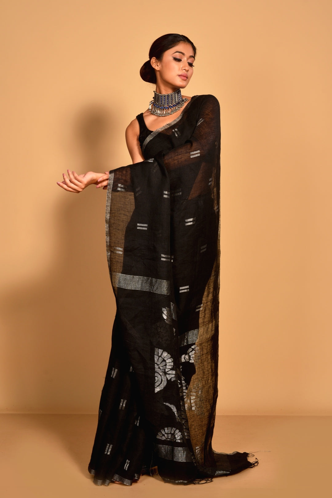 Black Pure Linen Jamdani Handloom Saree