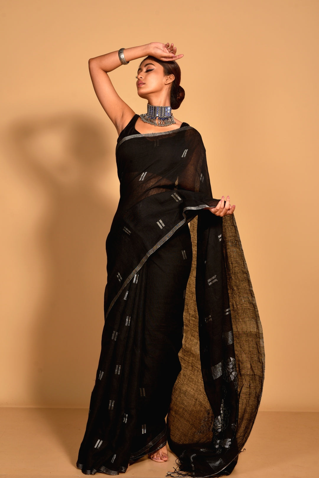 Black Pure Linen Jamdani Handloom Saree