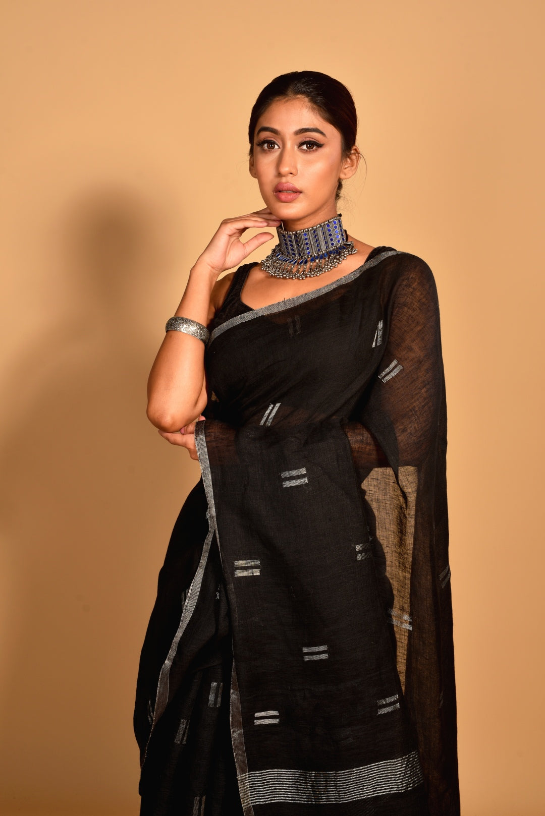 Black Pure Linen Jamdani Handloom Saree