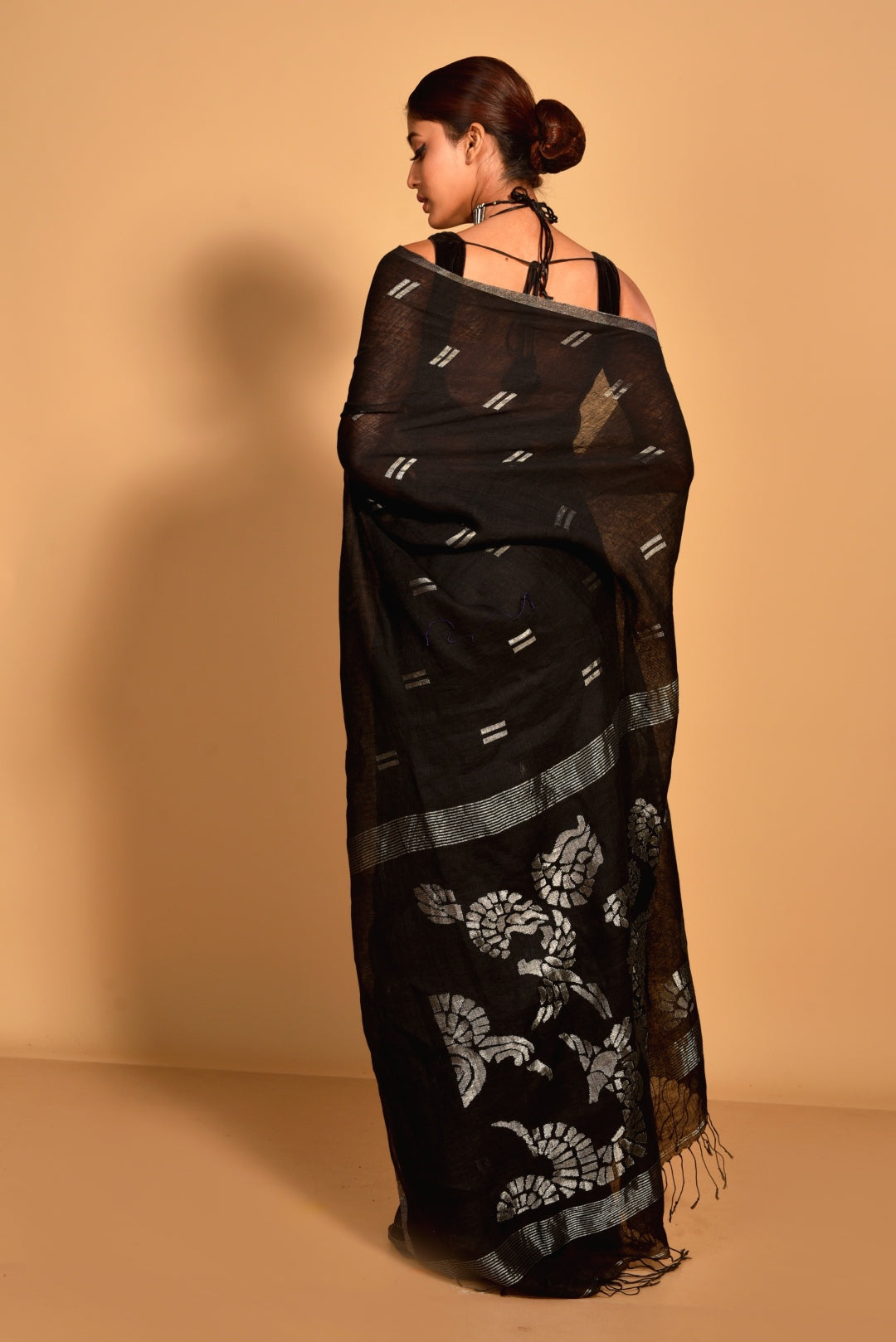 Black Pure Linen Jamdani Handloom Saree