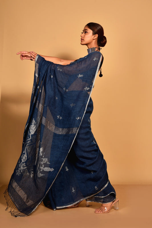 Indigo Pure Linen Jamdani Handloom Saree