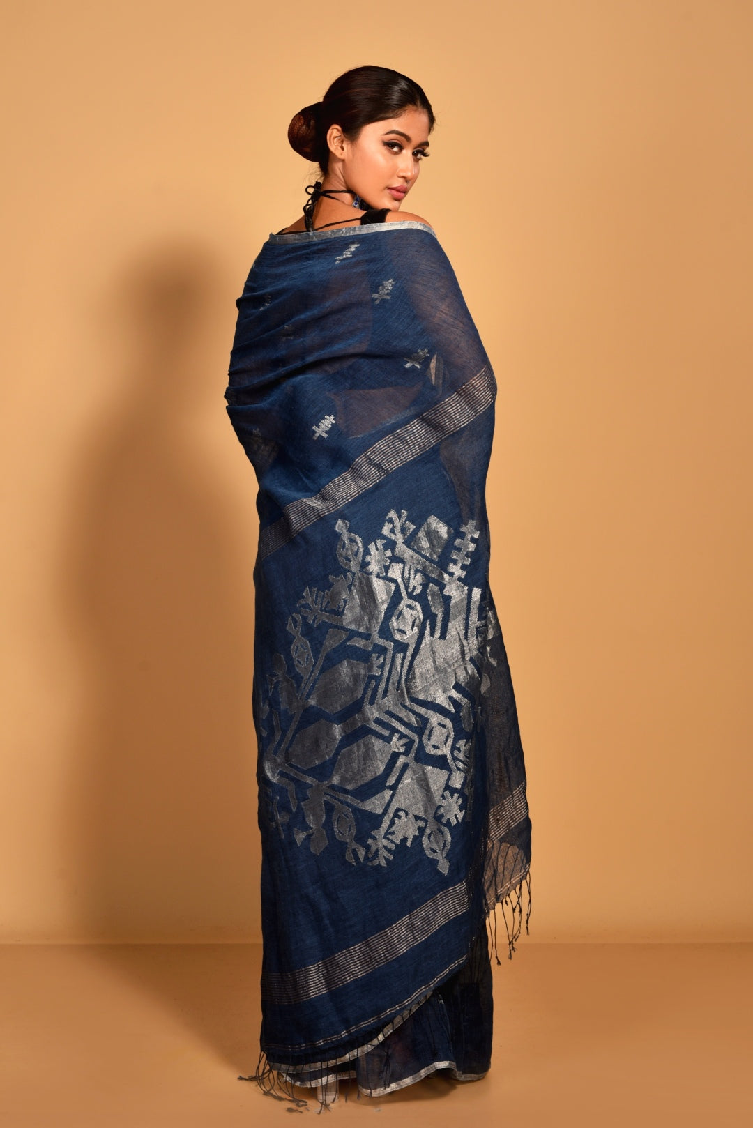 Indigo Pure Linen Jamdani Handloom Saree