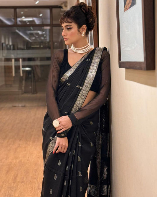 Black Pure Matka Silk Banarasi Handloom Saree