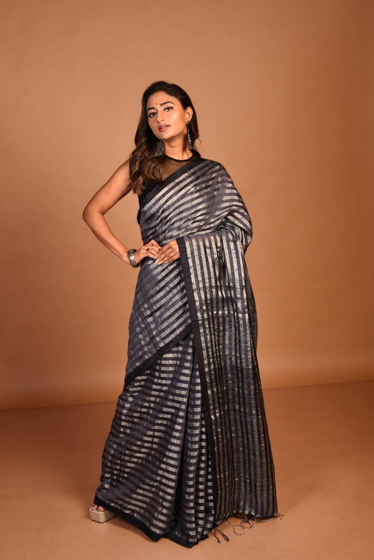 Grey and Silver Pure Matka Silk Handloom Saree