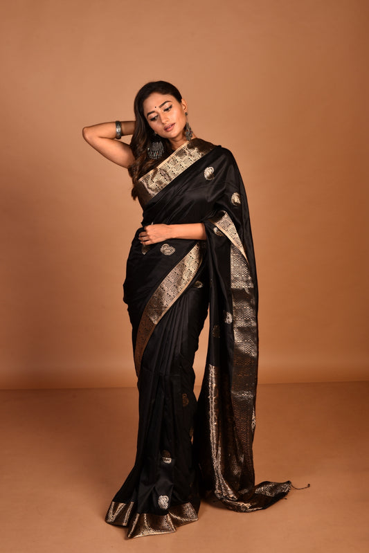 Black Pure Katan Silk Handloom Saree