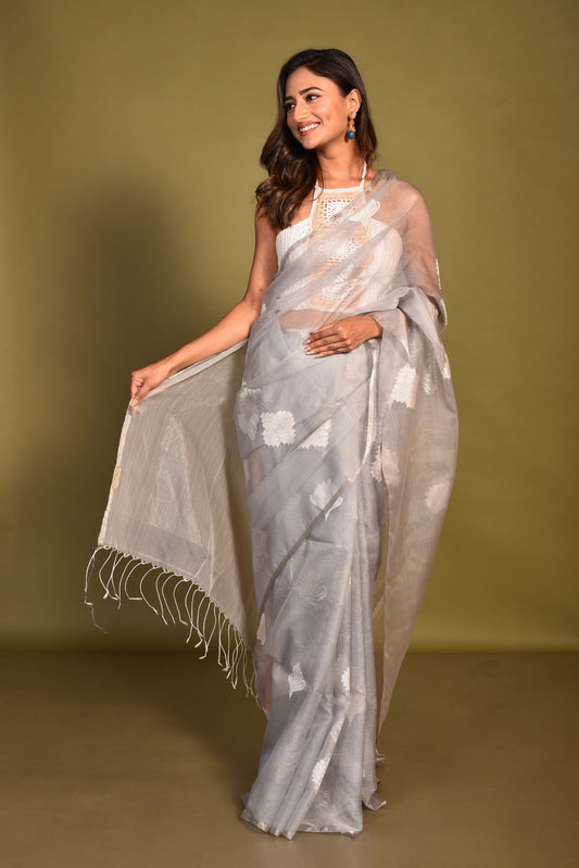 Grey Pure Organza Silk Handloom Saree