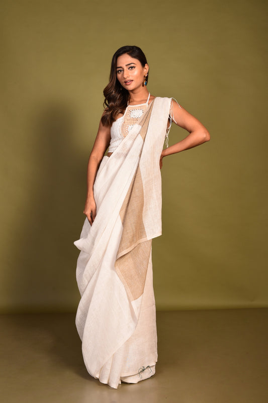 White Linen Handloom Saree