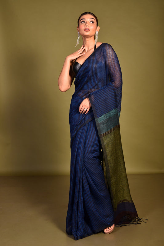 Blue Linen  Handloom Saree