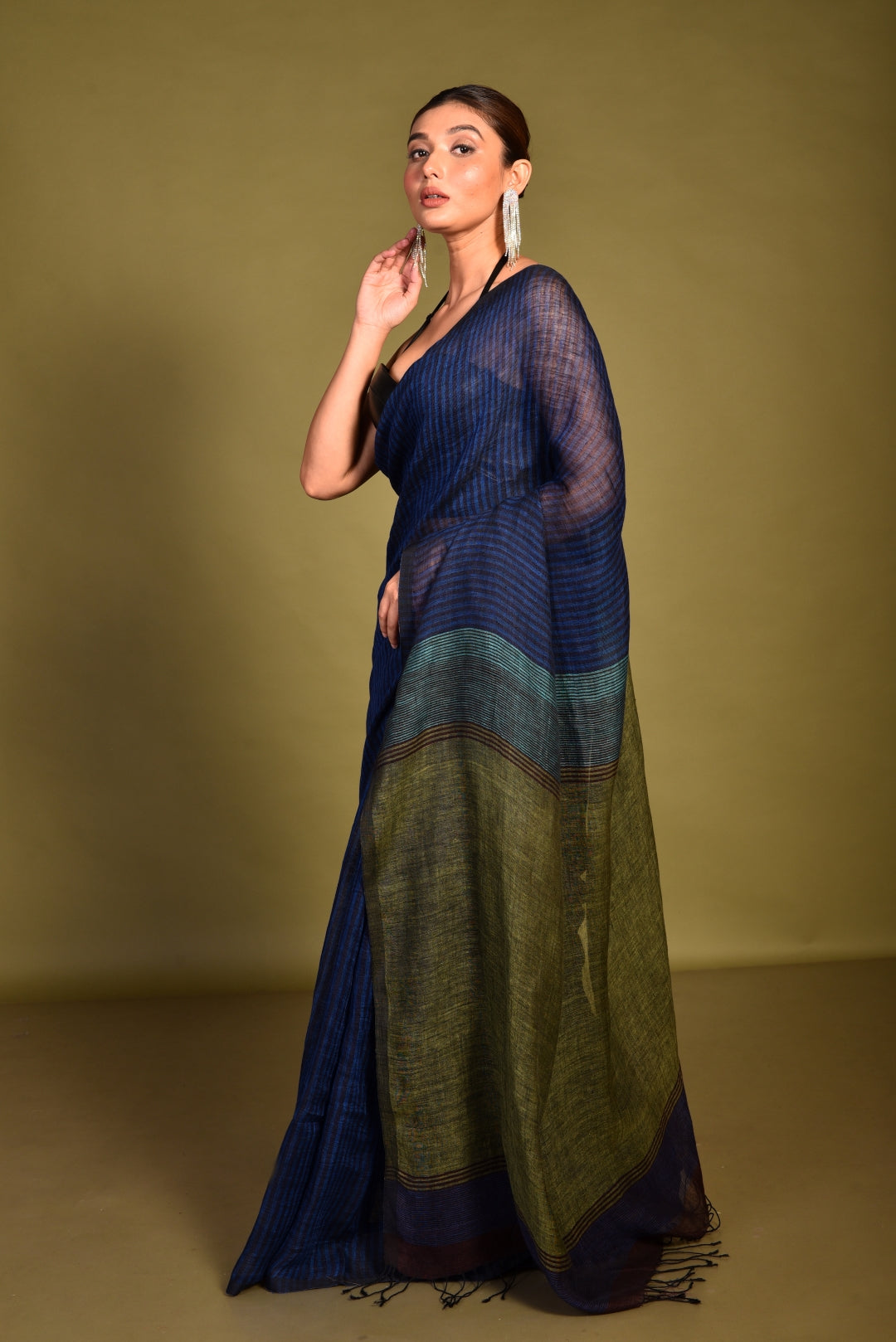 Blue Linen  Handloom Saree