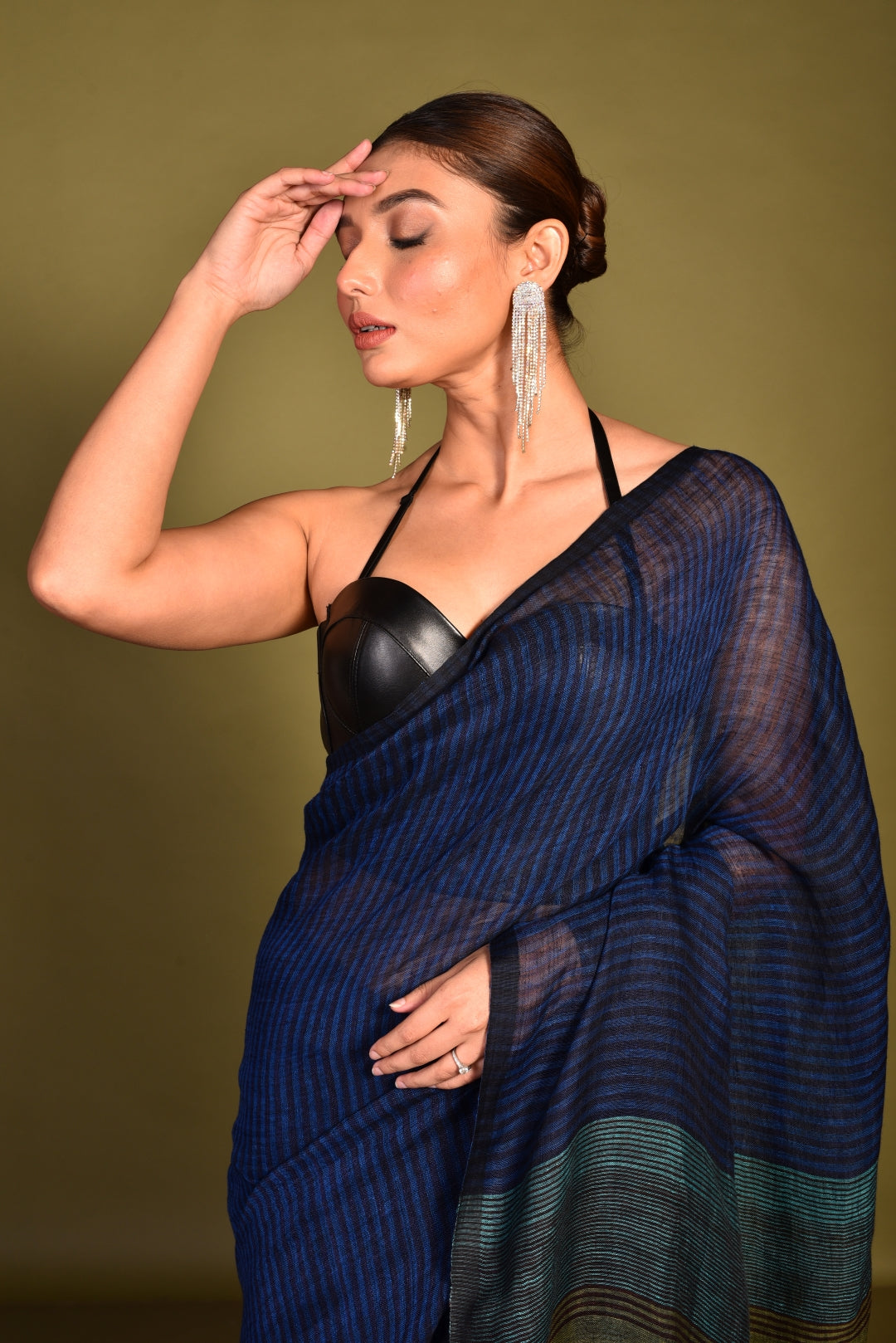 Blue Linen  Handloom Saree