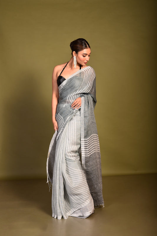 Grey Pure Linen Handloom Saree