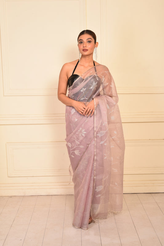 Mauve Pure Organza Silk Jamdani Handloom Saree