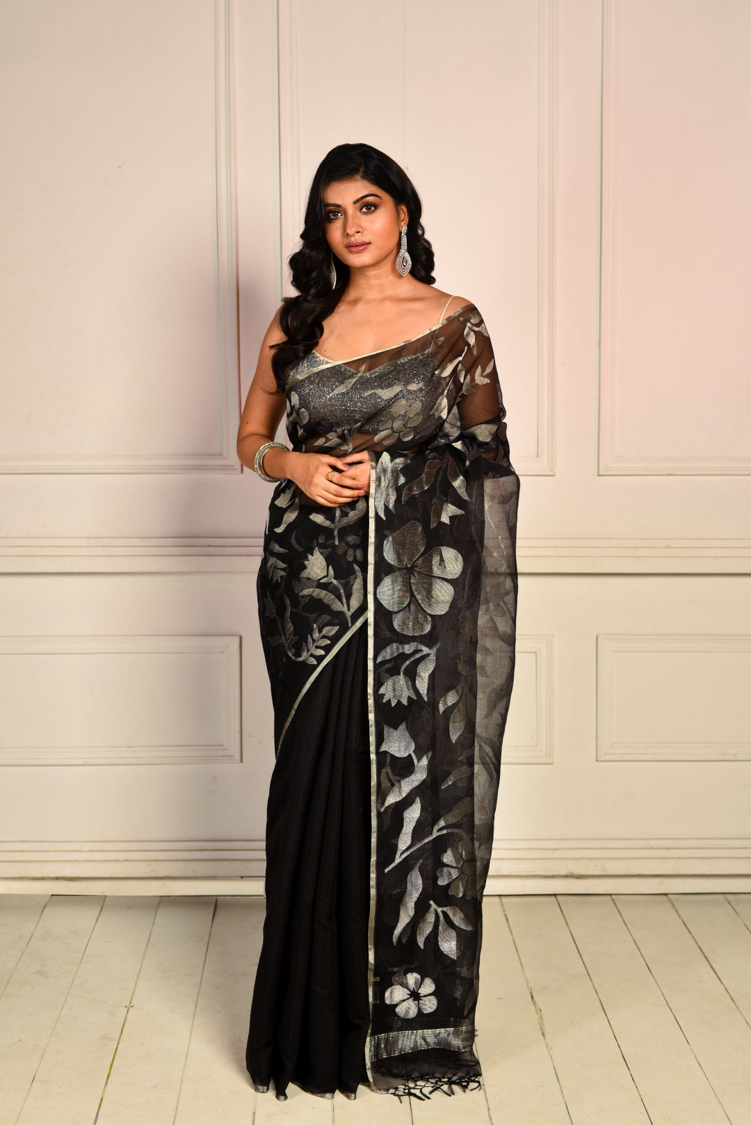 Black Pure Organza and Matka Silk Jamdani Handloom Saree