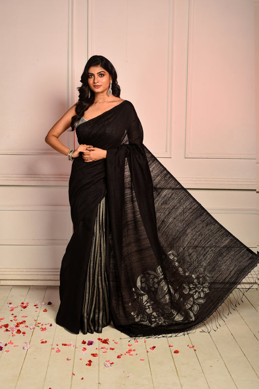 Black Pure Matka Silk Jamdani Handloom Saree