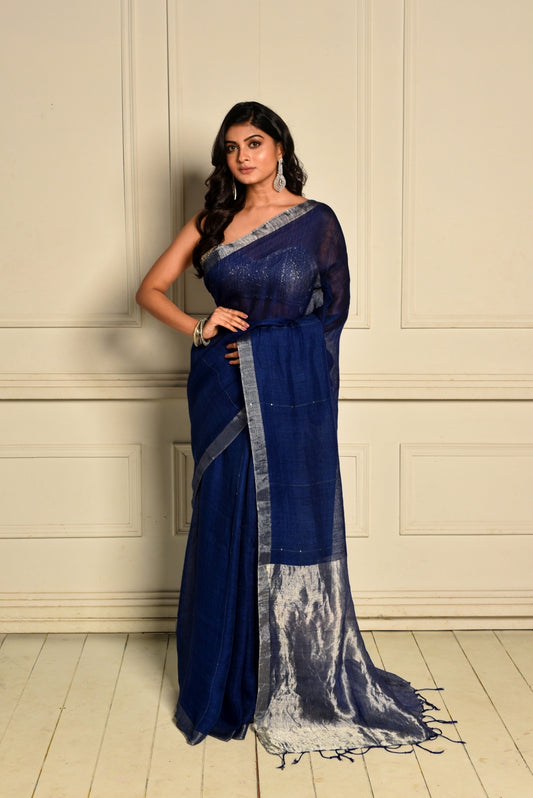 Indigo Pure Linen Sequin Handloom Saree