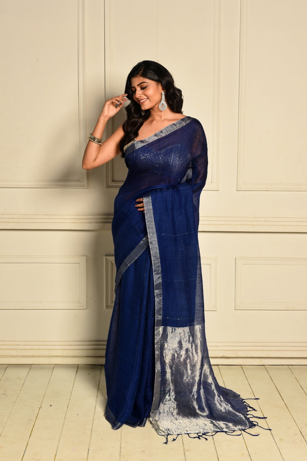 Indigo Pure Linen Sequin Handloom Saree