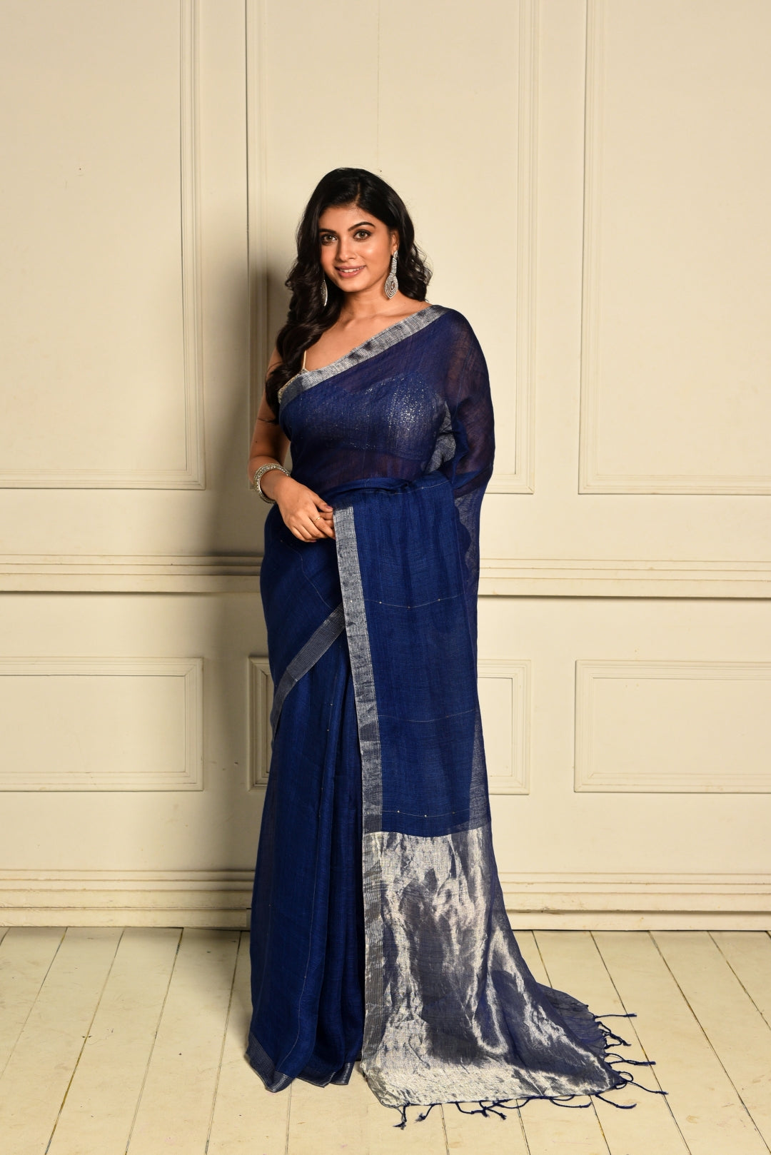 Indigo Pure Linen Sequin Handloom Saree