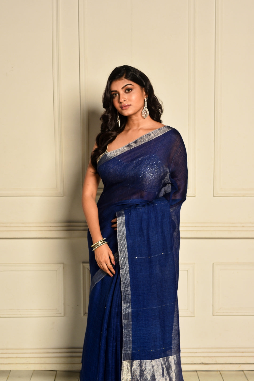 Indigo Pure Linen Sequin Handloom Saree