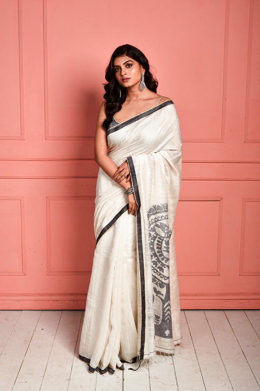 White Pure Matka Silk Jamdani Handloom Saree