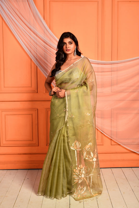 Green Pure Organza Jamdani Handloom Saree