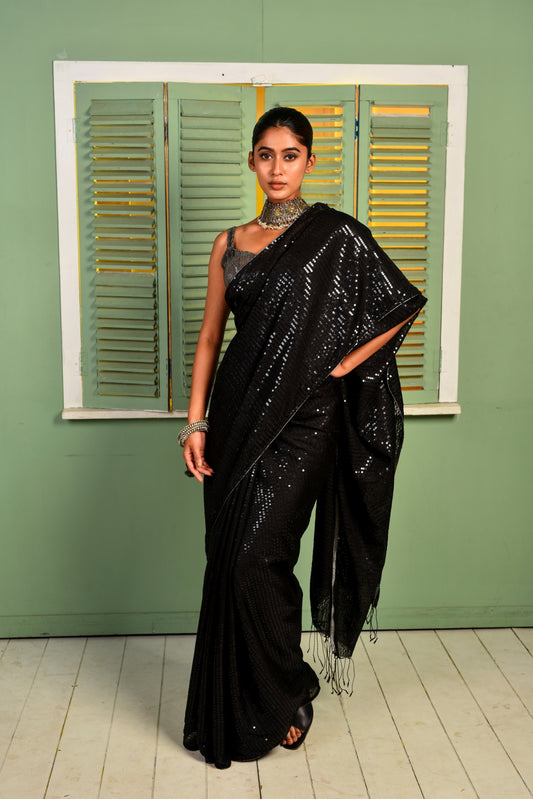 Black Pure Matka Silk Sequin Handloom Saree