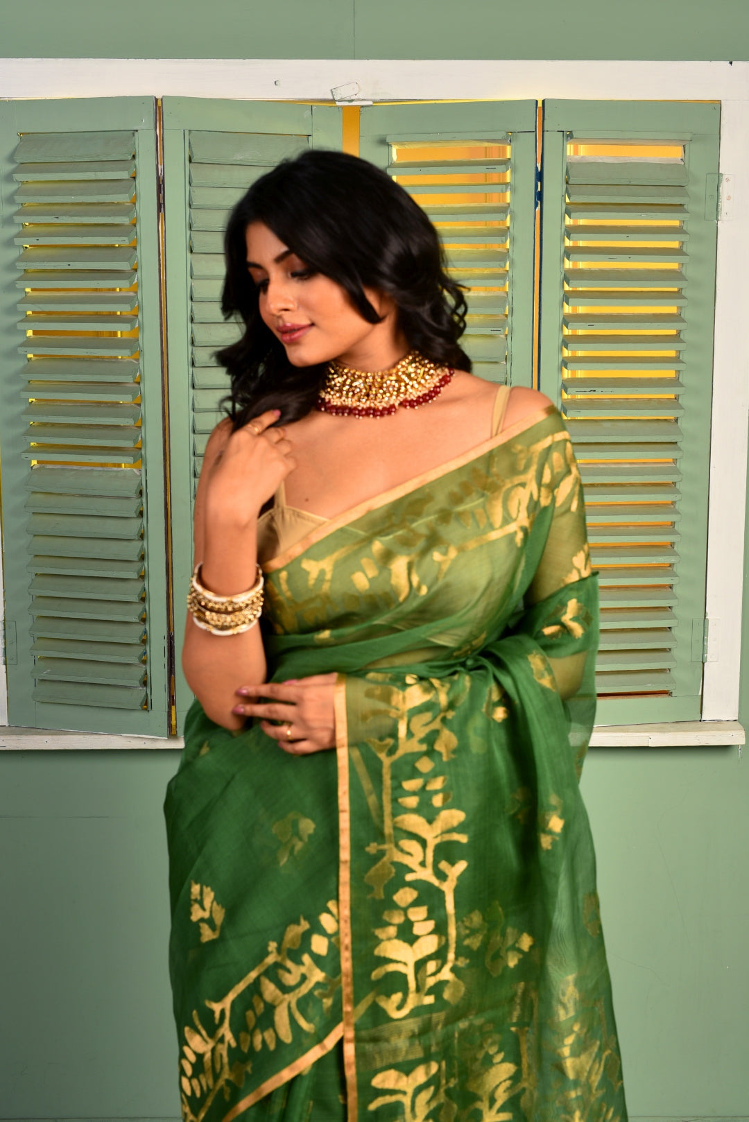 Green Pure Organza Traditional Jamdani Handloom Saree