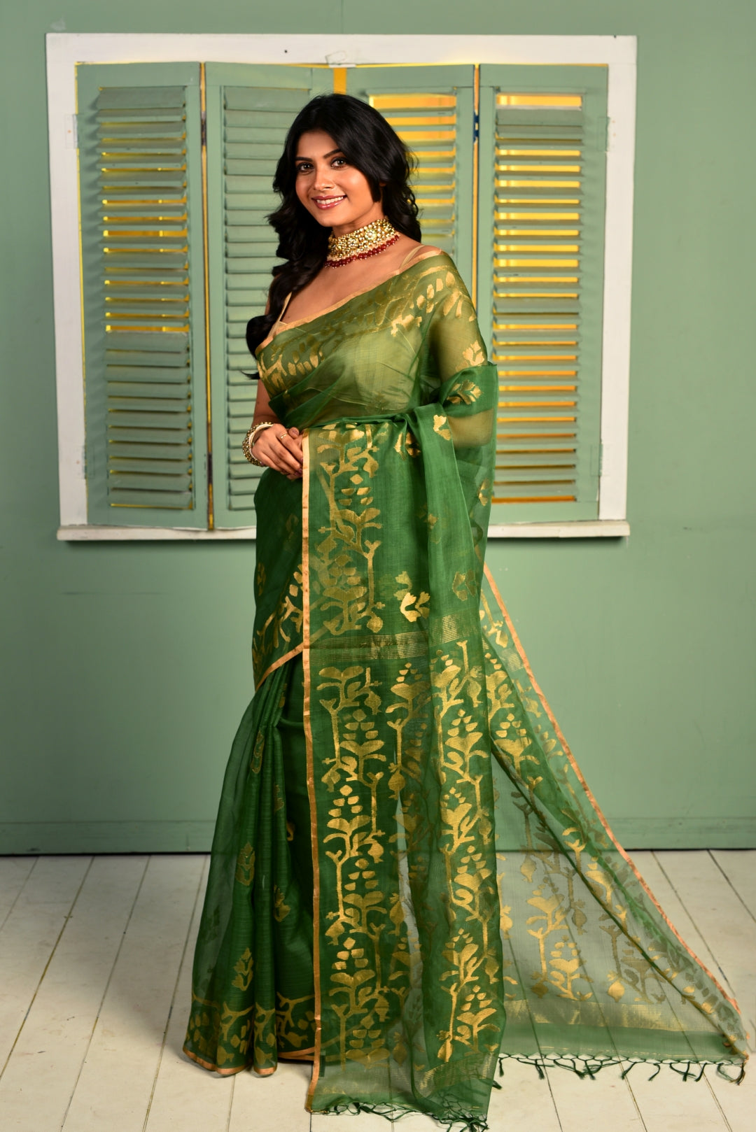 Green Pure Organza Traditional Jamdani Handloom Saree