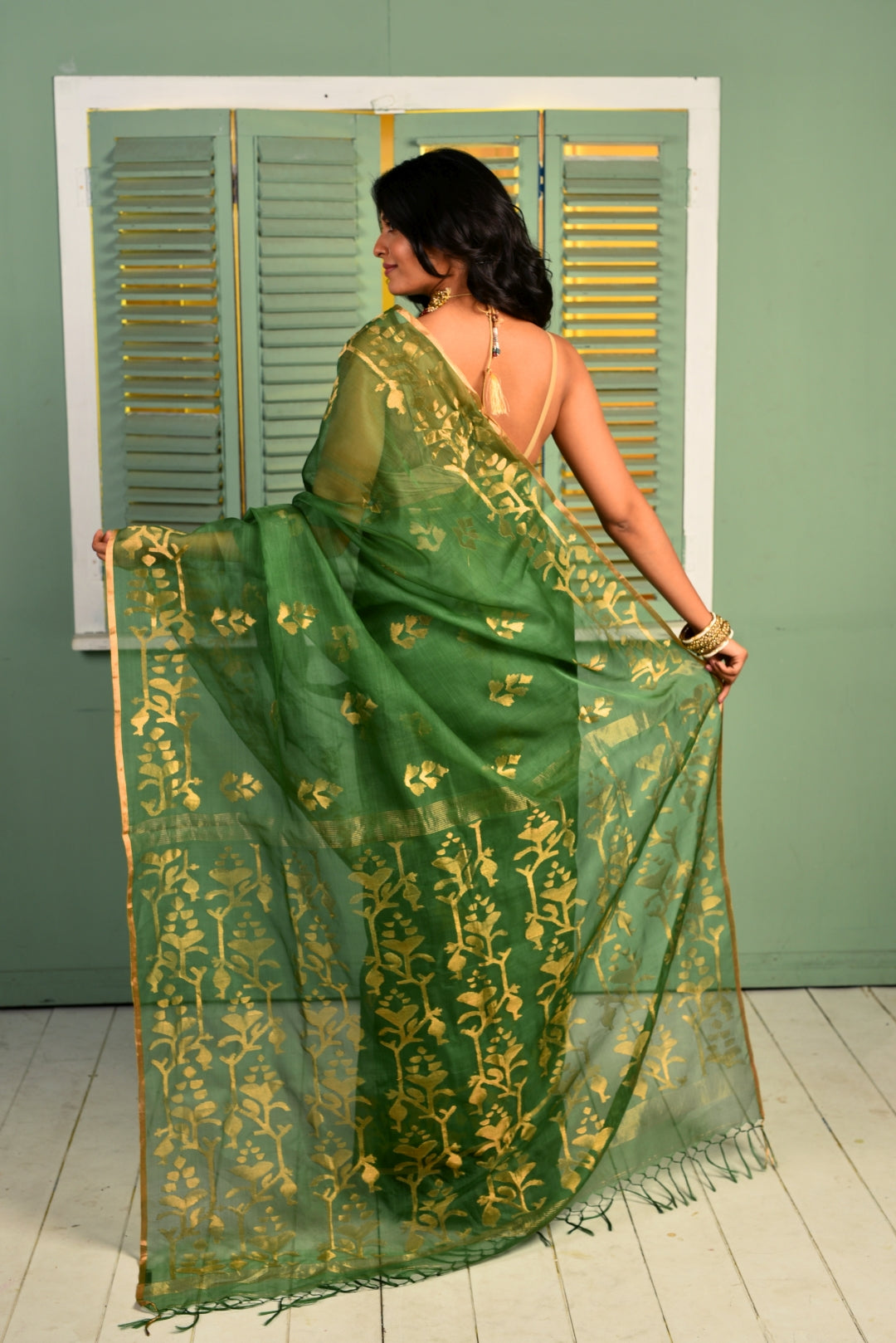 Green Pure Organza Traditional Jamdani Handloom Saree