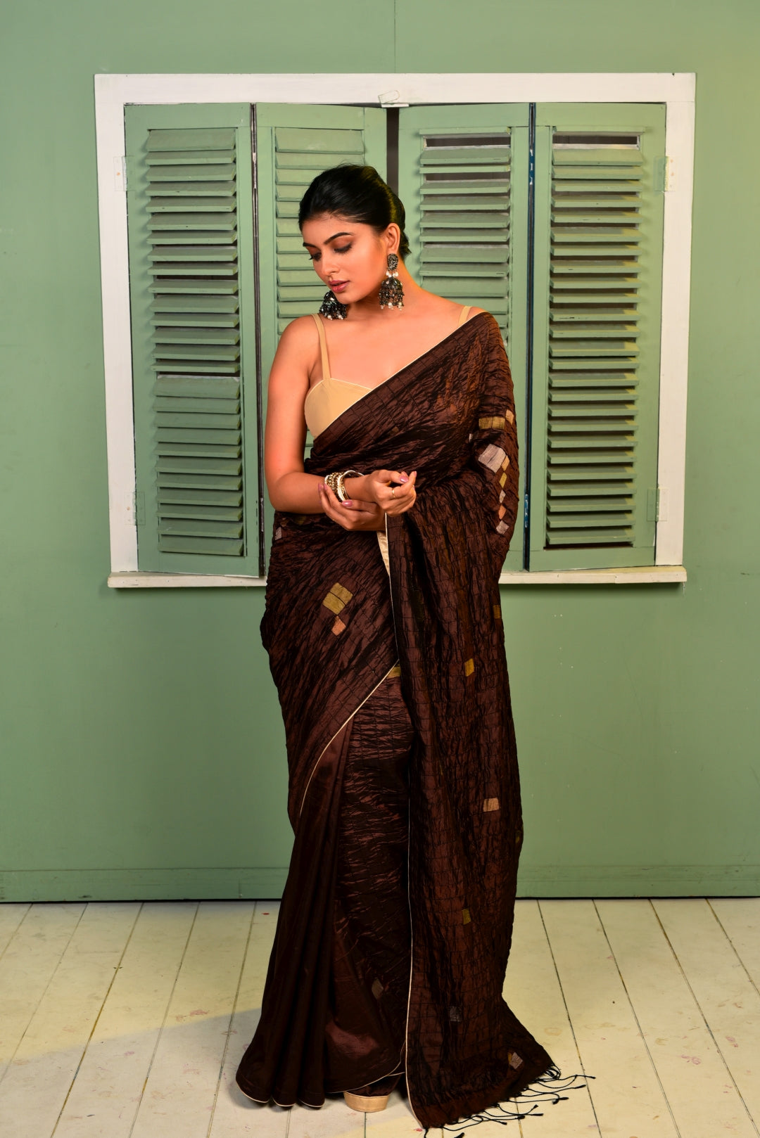 Brown Pure Katan Silk Jamdani Handloom Saree