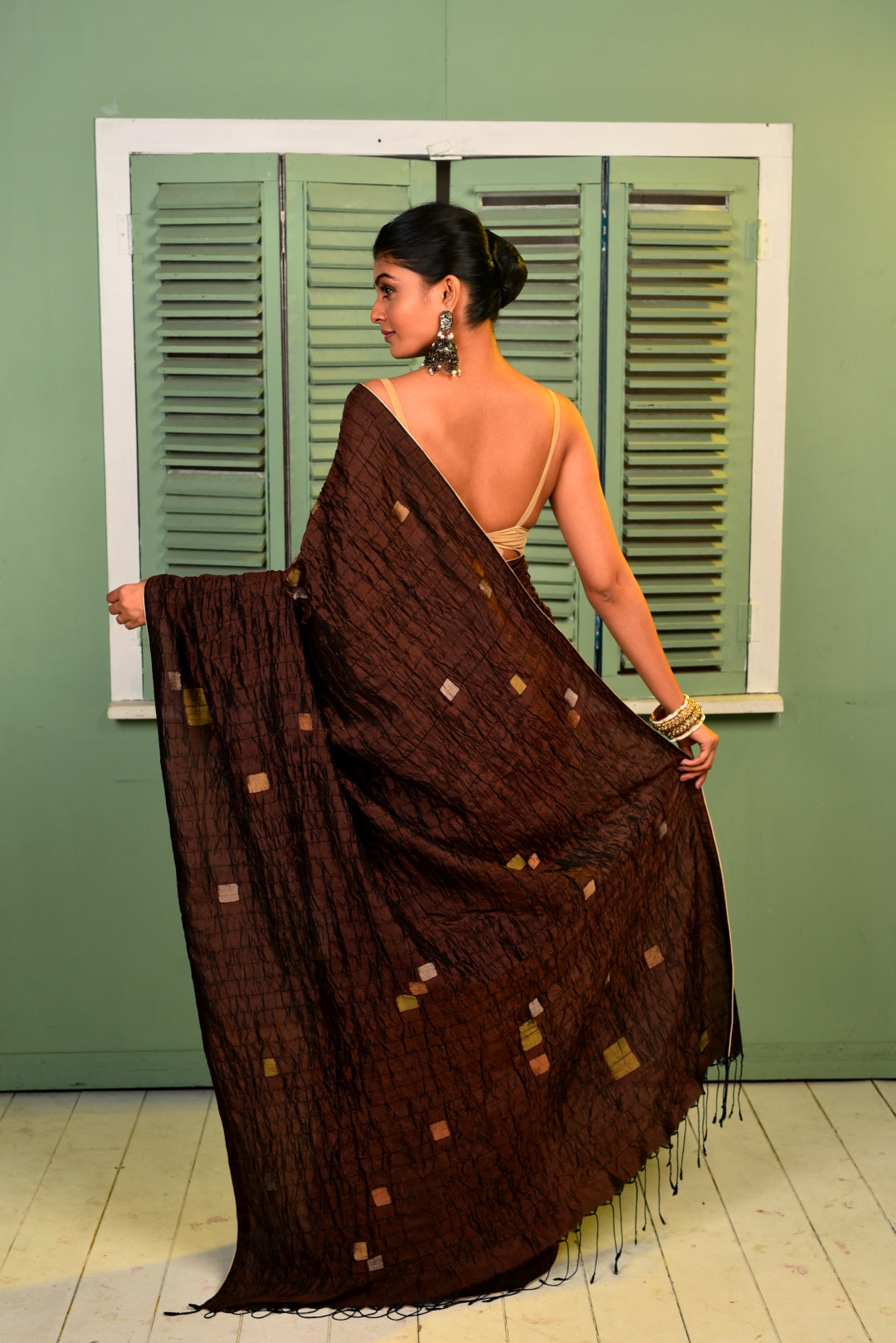 Brown Pure Katan Silk Jamdani Handloom Saree