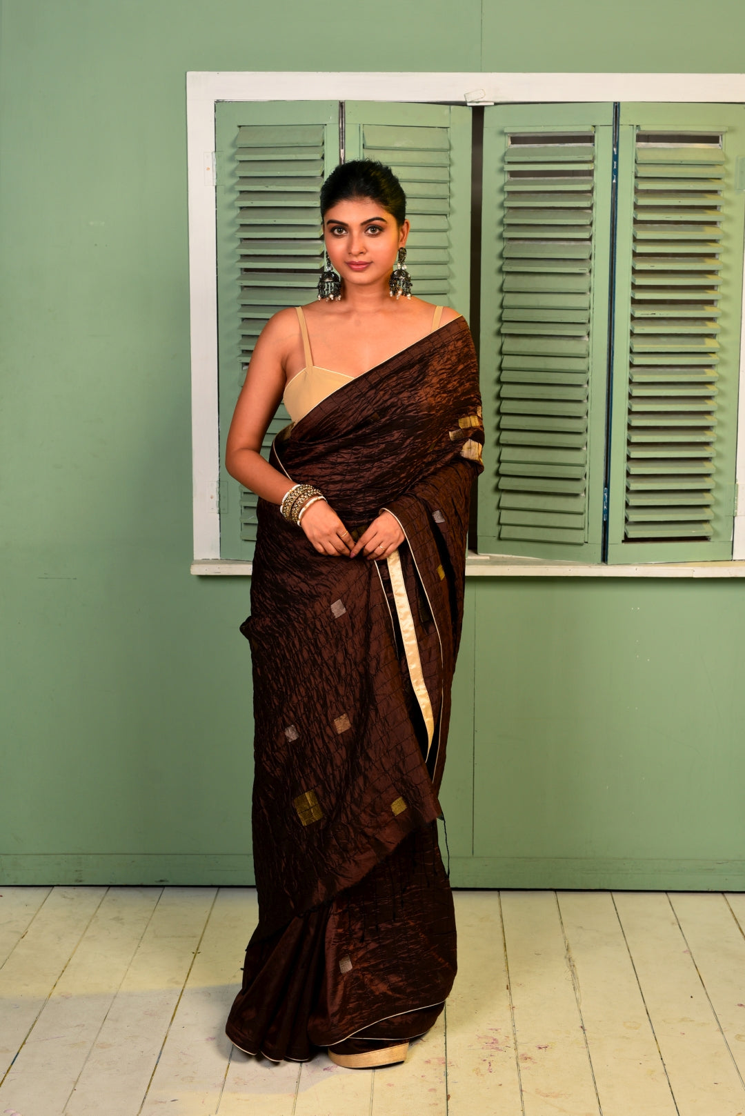 Brown Pure Katan Silk Jamdani Handloom Saree