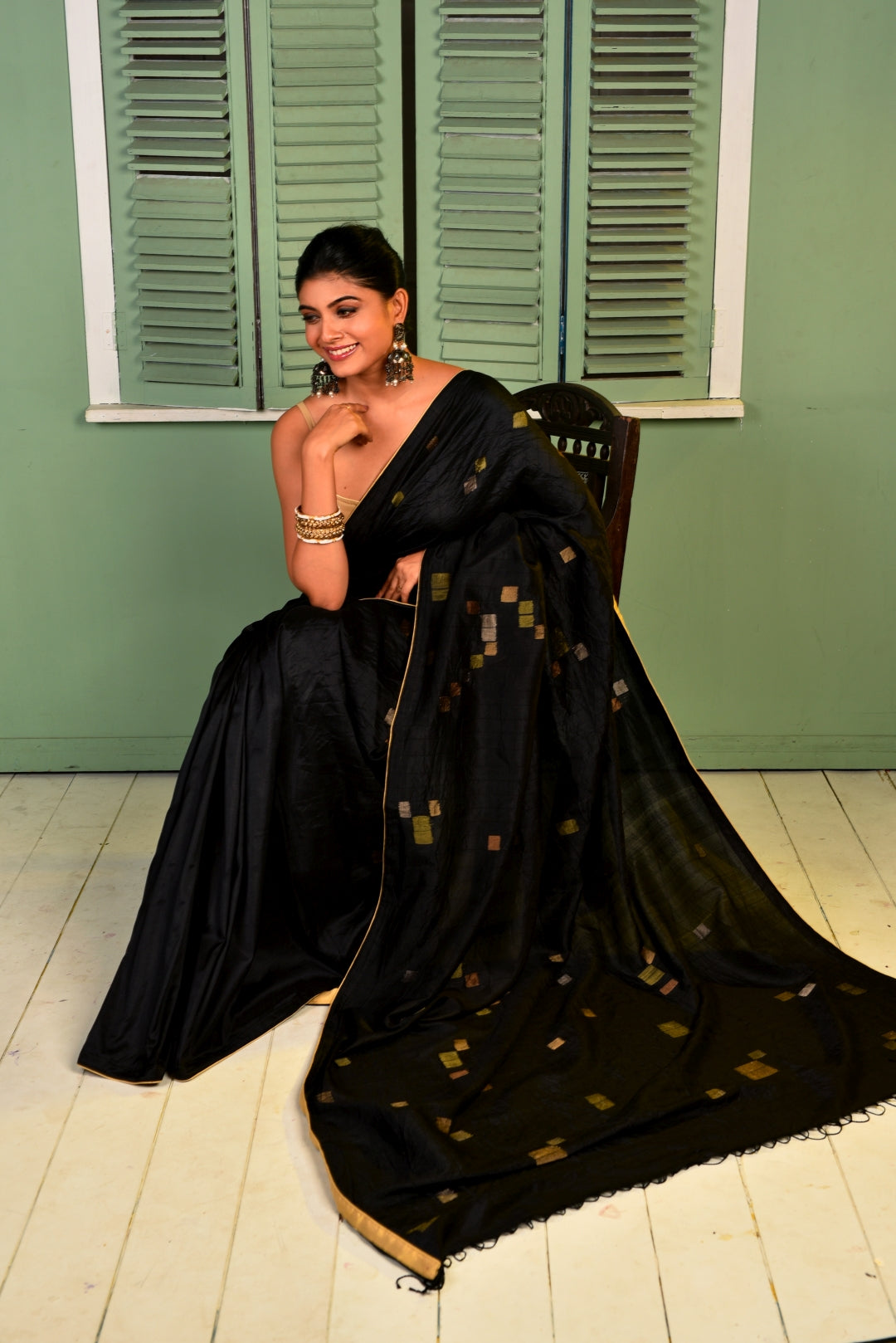 Black Pure Katan Silk Jamdani Handloom Saree