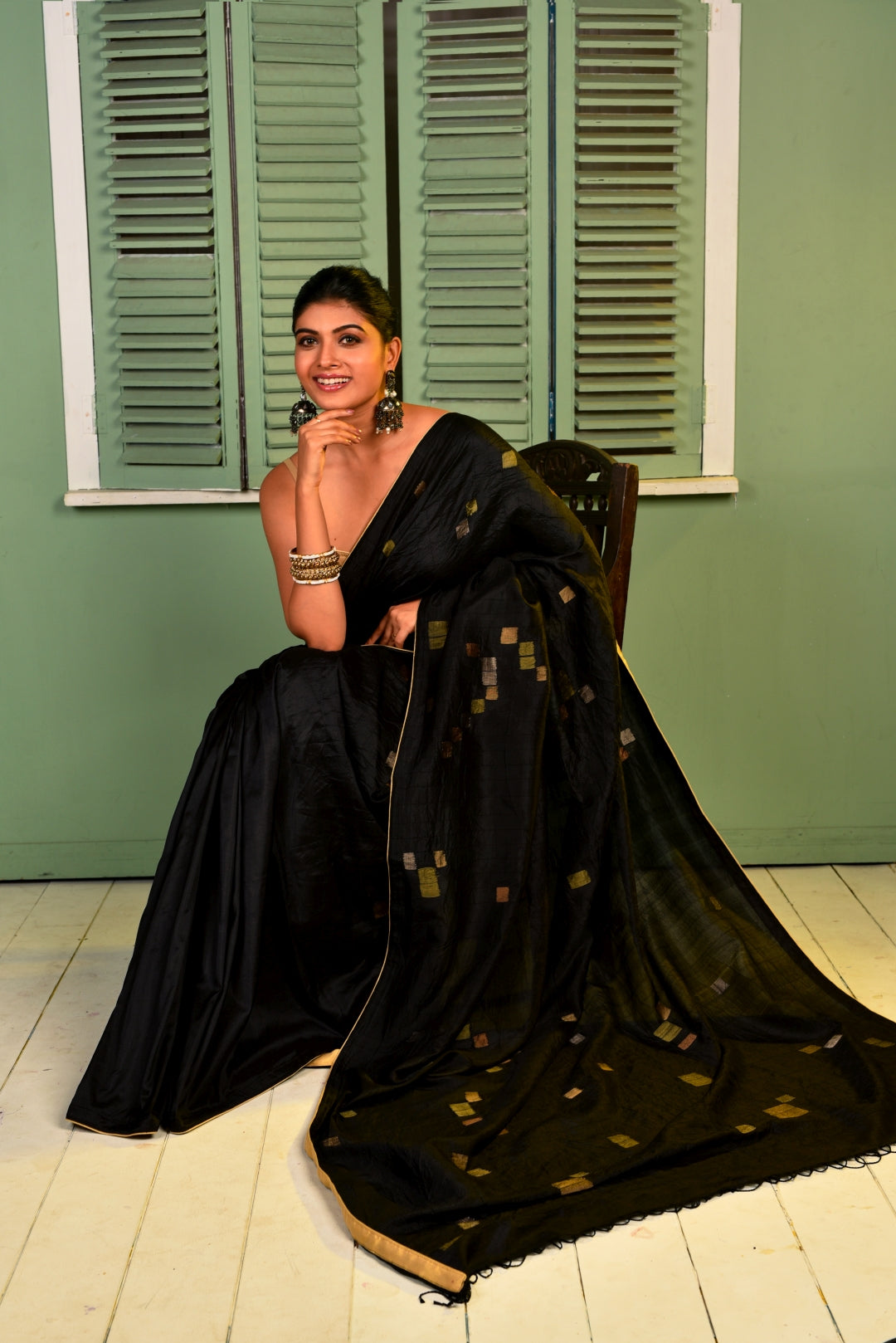 Black Pure Katan Silk Jamdani Handloom Saree