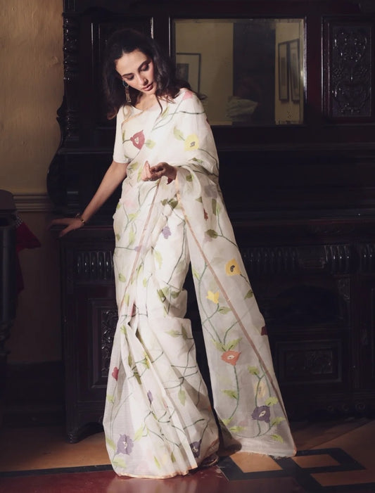 White Pure Organza Silk Jamdani Handloom Saree