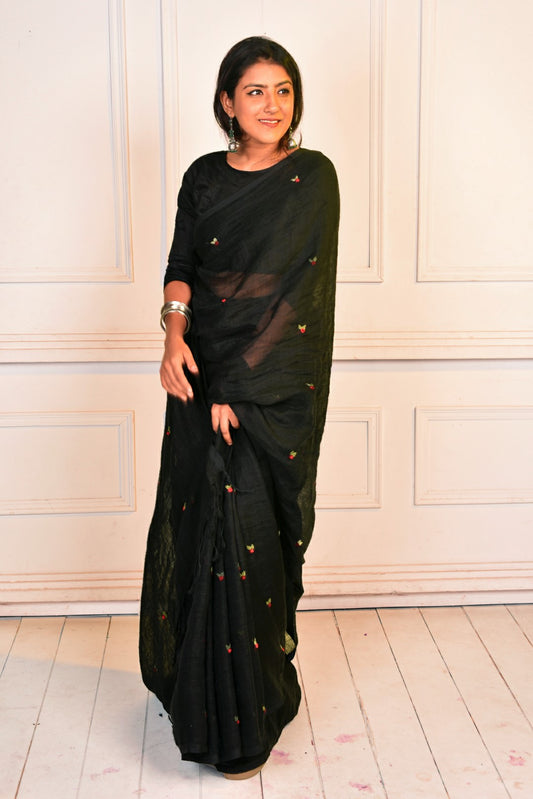 Black Pure Linen Handloom Saree