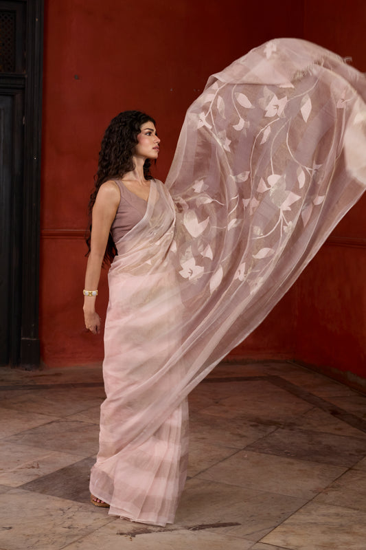 Pink Pure Organza Silk Jamdani Handloom Saree