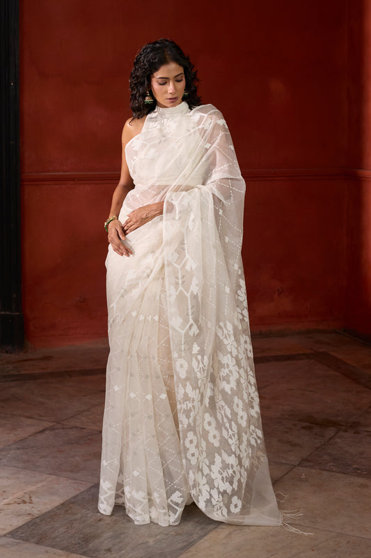 White Pure Organza Traditional Jamdani Saree