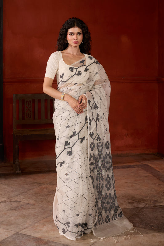 White Pure Organza Silk Traditional Jamdani Saree