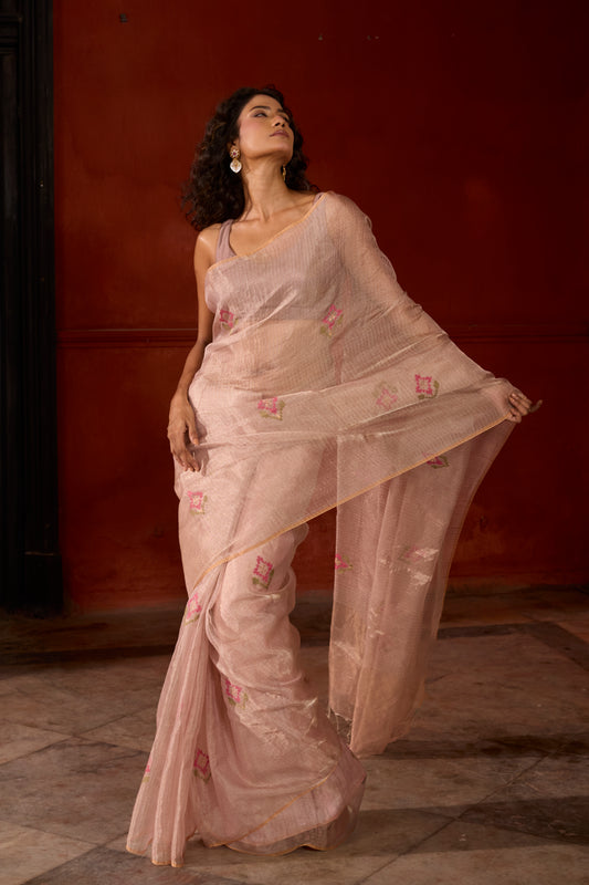 Pink Pure Tissue Silk Jamdani Handloom Saree