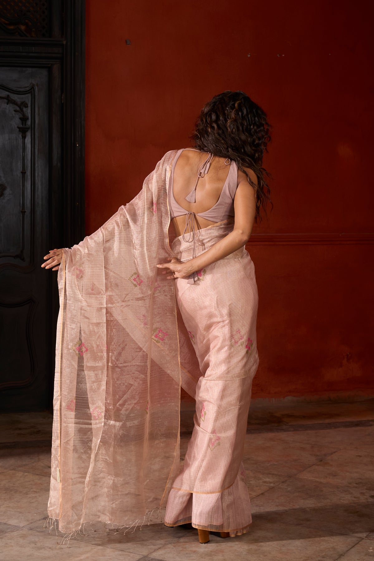 Pink Pure Tissue Silk Jamdani Handloom Saree