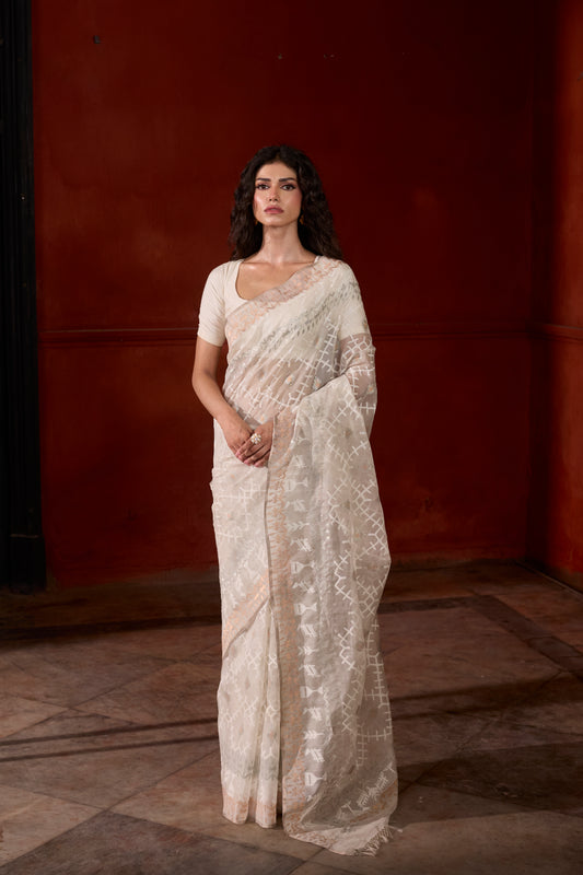 White Pure Organza Silk Traditional Jamdani Saree