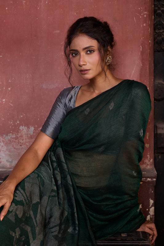 Green Pure Linen Jamdani Handloom Saree