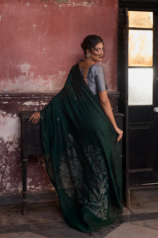 Green Pure Linen Jamdani Handloom Saree