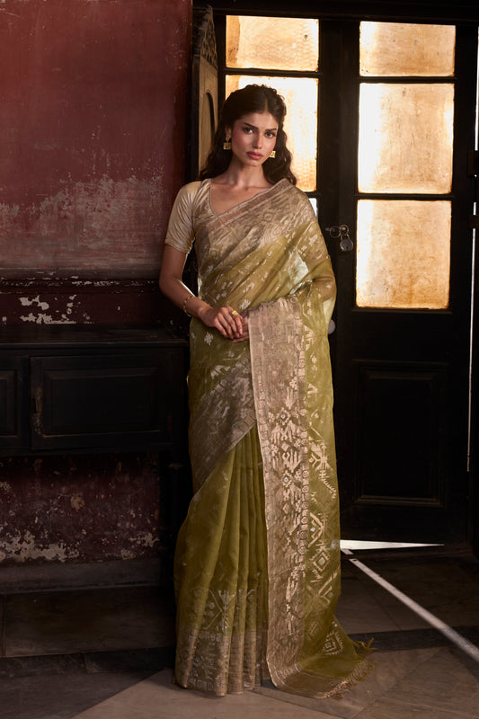 Green Pure Organza Traditional Jamdani  Saree