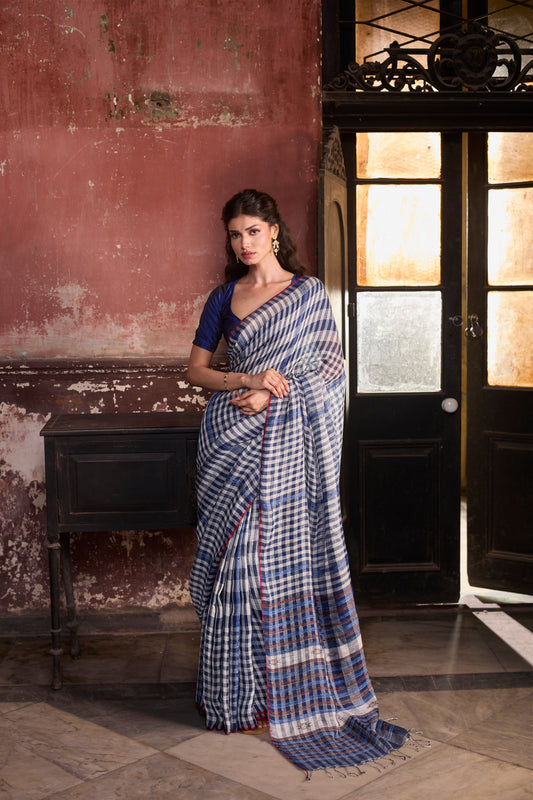 Indigo & White Pure Linen Jhap Handloom Saree