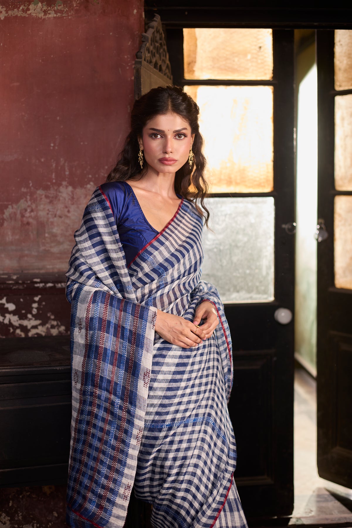 Indigo & White Pure Linen Jhap Handloom Saree