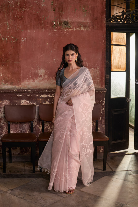 Pink Pure Organza Silk Jamdani Handloom Saree